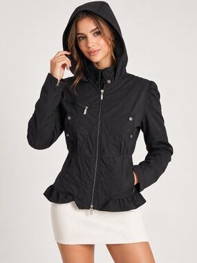 Anatomie Black Hooded Utility Jacket with Ruffle Hem